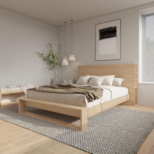 Tate Beige Engineered Wood Frame Queen Size Platform Bed with Headboard