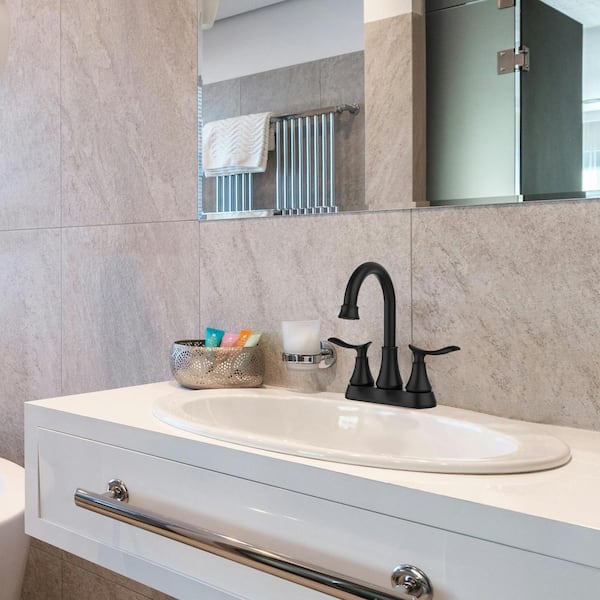 304 stainless steel 4 in. Centerset Double Handle Bathroom Faucet with Drain Kit Included in Black