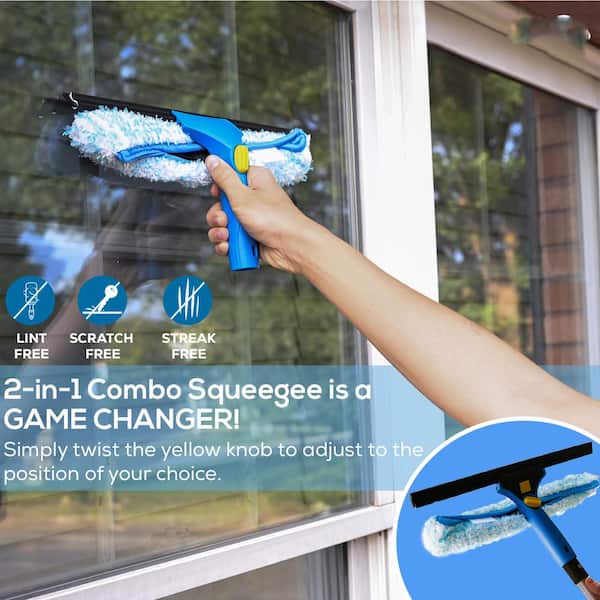 Window Cleaner Squeegee and Microfiber Scrubber, 2 in 1 Window Washing Kit,  64'' Telescopic Window Cleaner Equipment with Bendable Head for Car  Windshield- 3 Pads 