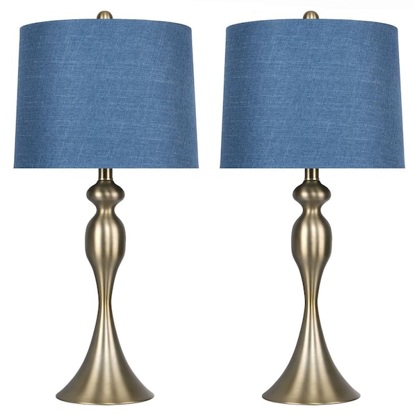 GRANDVIEW GALLERY 27 in. Curvy Gold Plated Table Lamp with Moroccan Blue Textured Slub Linen Shade (2-Pack)