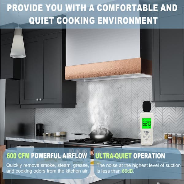 36 in. Stainless Steel Range Hood with Vent Motor, 600 CFM, 3-Speed, Wall Mount, in Brushed Stainless Steel with Copper