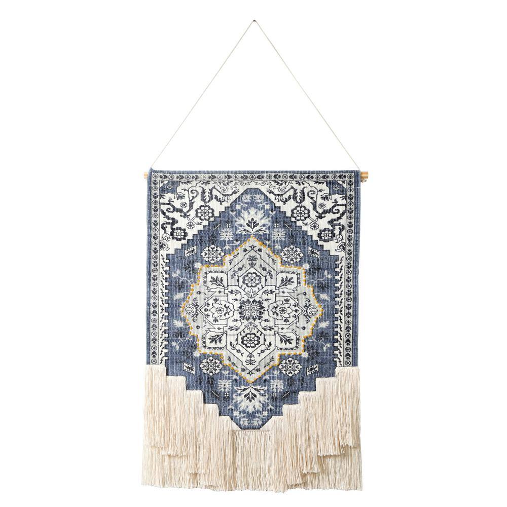 Woven 19.5 in. x 35 in. Blue / White Boho Floral Macrame Fringe Wall Hangin