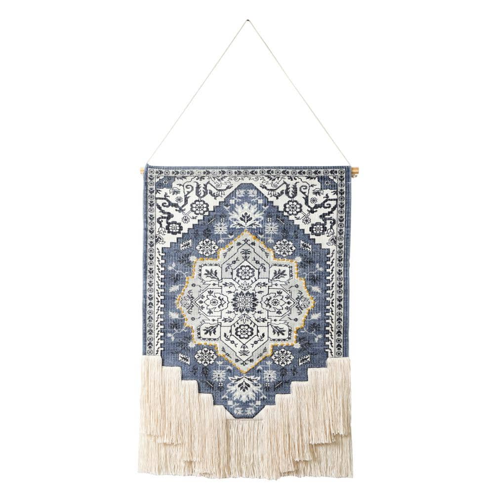 Fringe 25.5 in. x 49 in. Blue / White / Yellow Boho Floral Woven Macrame Wa