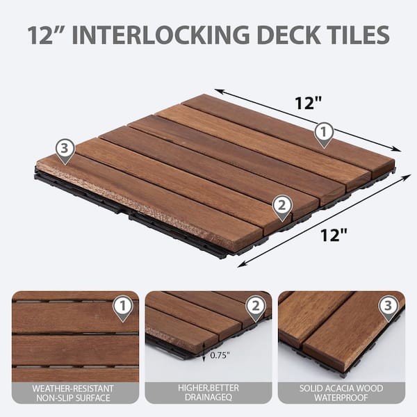 12 in. x 12 in. Striped Pattern Outdoor Acacia Wood Interlocking Deck Tiles in Brown (10-Pieces)