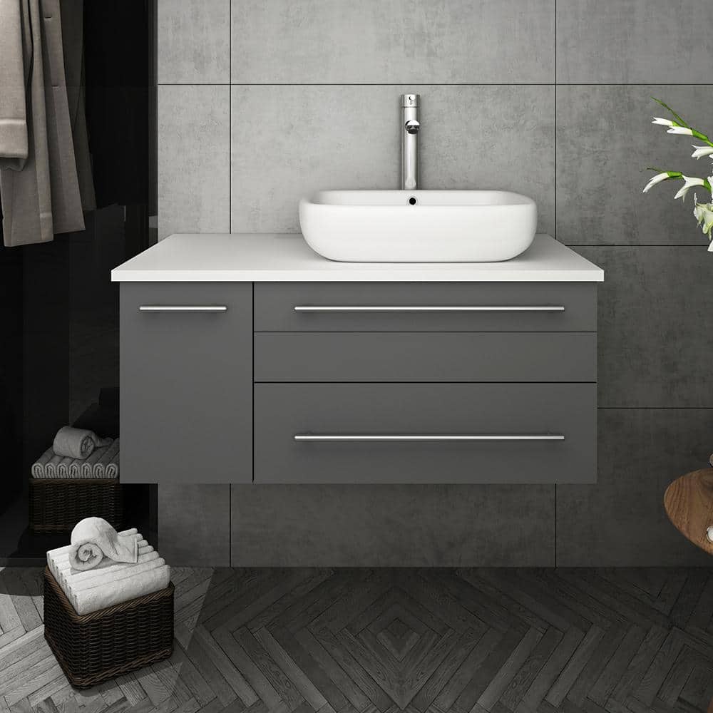 Gray 36" Wall-Mount Bathroom Vanity with Quartz Top