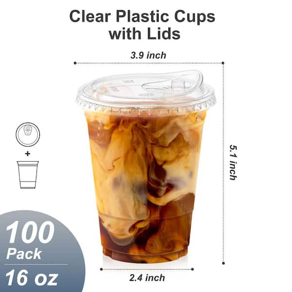 16 oz. Plastic Cups with Food Safe, Lids and Sip Lids for Iced Coffee, Smoothies and Cold Drinks, Clear (100-Pack)