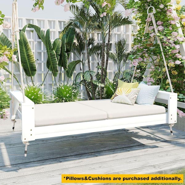 2-Person White Acacia Wood Porch Swing Bed, Twin Size Patio Swing