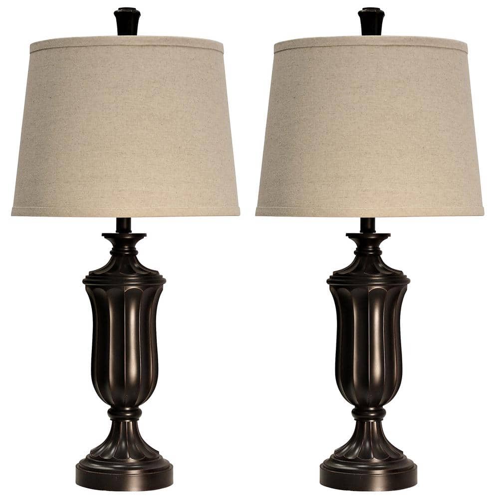 StyleCraft 31 in. Bronze Wood Table Lamp with Beige Hardback Fabric Shade L3212784DS The Home