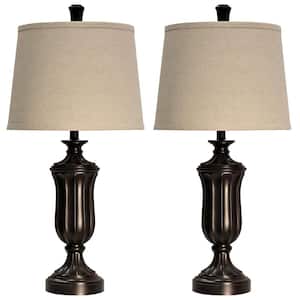 31 in. Bronze Wood Table Lamp with Beige Hardback Fabric Shade