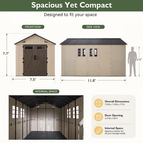 Sizzim 8 ft. W x 12 ft. D Outdoor Gray Resin Storage Plastic Shed