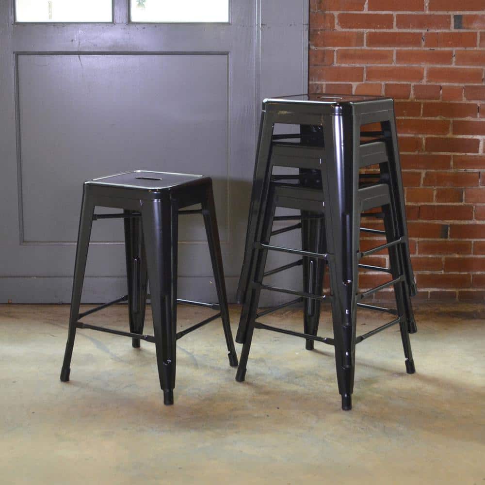 Black 24" Backless Metal Stackable Bar Stools, Set of 4