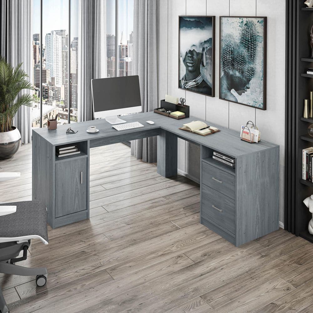 TECHNI MOBILI 60 in. L-Shaped Gray 2 Drawer Computer Desk with