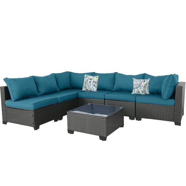 Sudzendf 7 Pieces Outdoor Wicker Sofa Set, Patio Furniture sofa set, with Peacock Blue Cushions