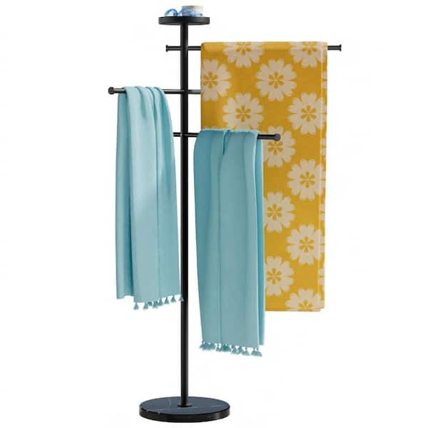 Adjustable 3-Arm Outdoor Freestanding Towel Rack with Marble Base and Top Tray for Pool & Hot Tub in Mette Black