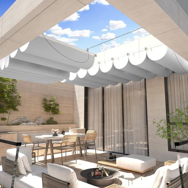 7 ft. x 12 ft. Retractable Wave Sun Shade Canopy Pergola Cover Shade Sail Awning for Patio Porch Garden Yard, Light Gray