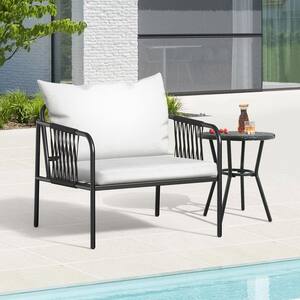 Black Metal Black Wicker Outdoor Lounge Chair with White Seat Cushion