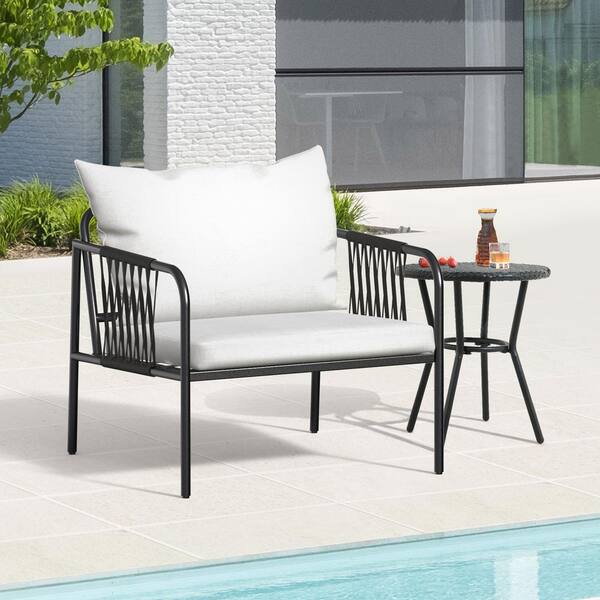 DEXTRUS Black Metal Black Wicker Outdoor Lounge Chair with White Seat Cushion