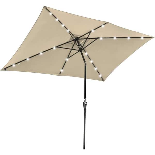 Unbranded 10x6.5ft Outdoor Rectangle Solar Powered LED Patio Umbrella with Crank Tilt, Beige