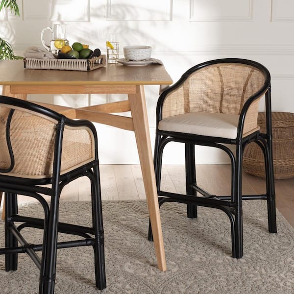 Miranda 23.5 in. Black and Natural Rattan Counter Stool with Fabric Seat