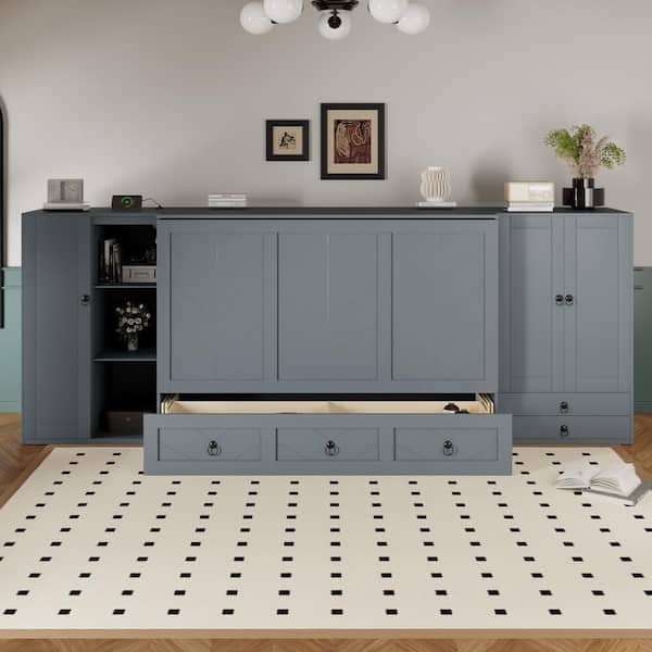 Qualler Gray Wood Frame Queen Size Murphy Bed with USB, Wardrobe and Drawers