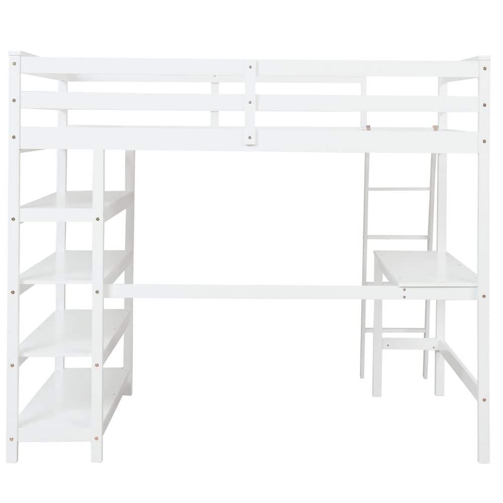 ANBAZAR White Full Loft Bed with Bookshelves and Desk Sturdy Wooden