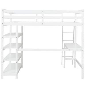 White Full Loft Bed with Bookshelves and Desk Sturdy Wooden Kids Loft Bed Frame with Ladder Wood Kids Loft Bed