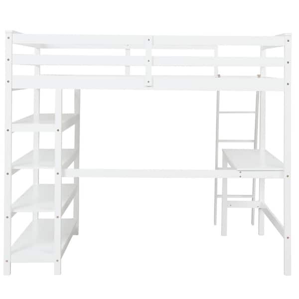 ANBAZAR White Full Loft Bed with Bookshelves and Desk Sturdy Wooden ...