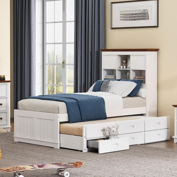 Harper & Bright Designs White and Walnut Wood Frame Twin Size Platform Bed with Bookshelves Headboard, Twin Size Trundle and 3-Drawers