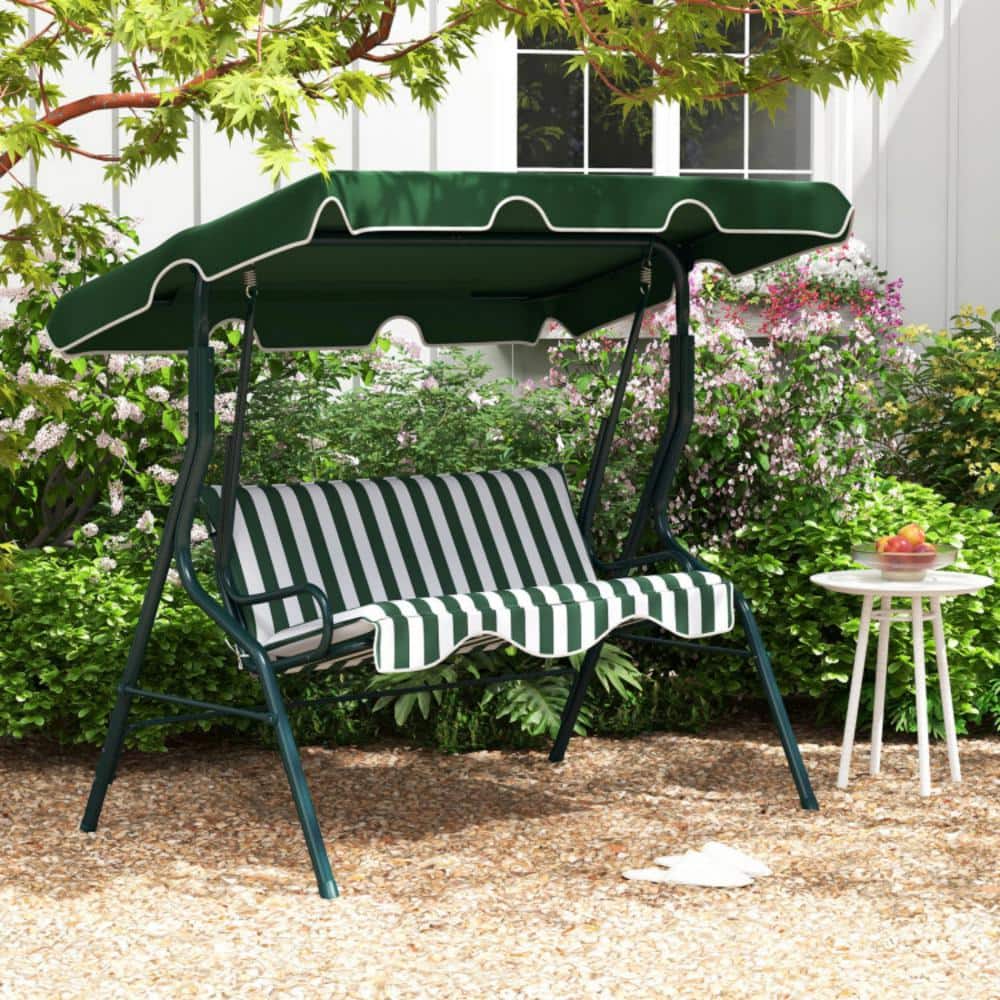 Green and White Striped Metal 3-Person Porch Swing with Adjustable Canopy