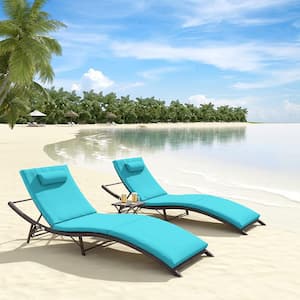 3-Piece Wicker Outdoor Adjustable Chaise Lounge with Cushion Blue