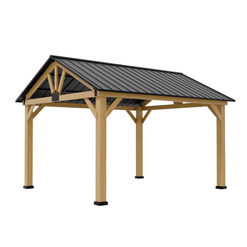 Shade Graphix 13 ft. W x 11 ft. D Metal Hardtop Gazebo w/ Gable Roof Galvanized Top Cedar Wood Frame All-Weather for Patio Outdoor
