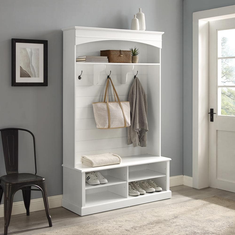 Bartlett White Farmhouse Hall Tree with Bench and Shoe Storage