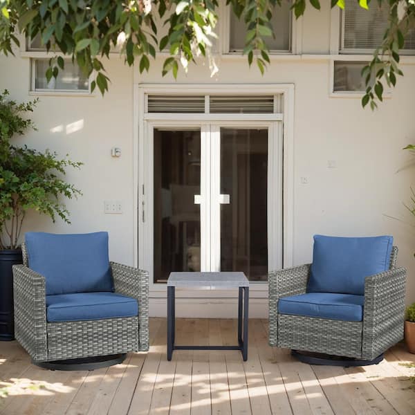 U-Foot 3-Piece Gray Swivel Glider Wicker Outdoor Rocking Chair with Blue Cushions and Side Table