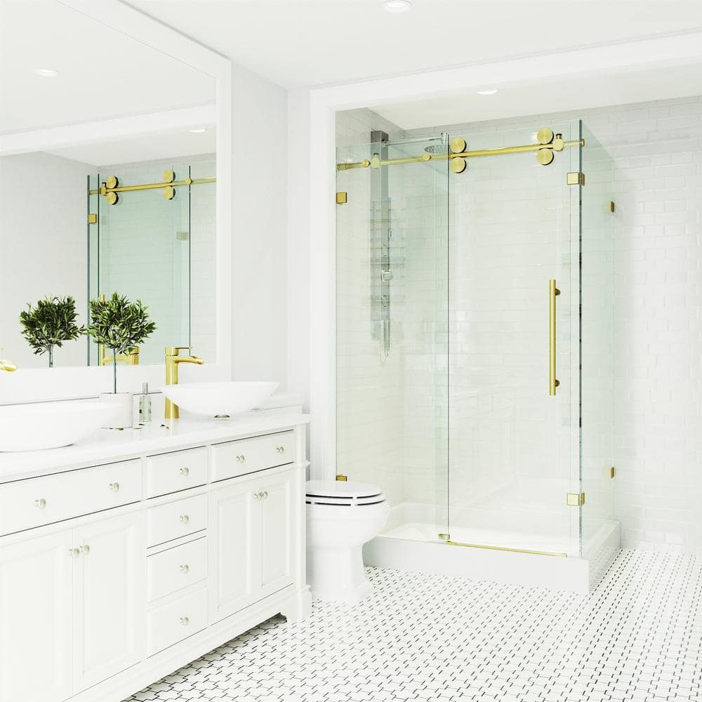 Winslow 48" Matte Brushed Gold Frameless Sliding Shower Enclosure with Clear Glass