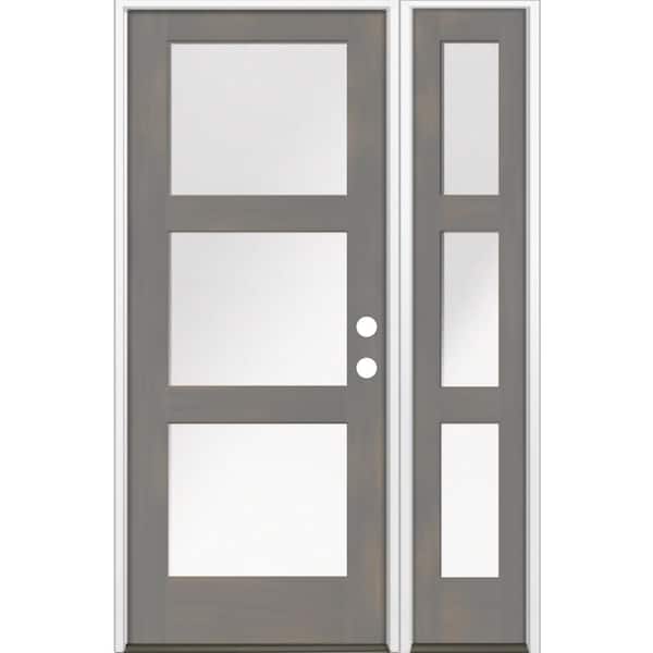Krosswood Doors 50 in. x 80 in. Modern Hemlock 3-Lite Left-Hand/Inswing Frosted Glass Grey Stain Wood Prehung Front Door w/ RSL