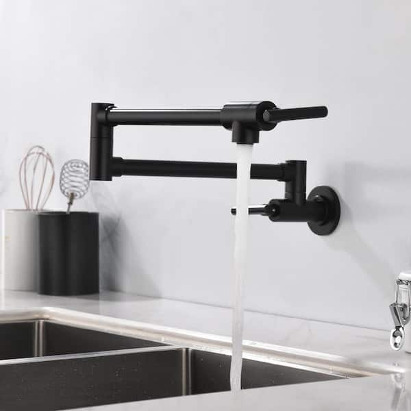 Wall Mounted Double Handle 1.8 GPM Pot Filler with 2 Built- in Ceramic Cartridge and Mounting Hardware in Matte Black
