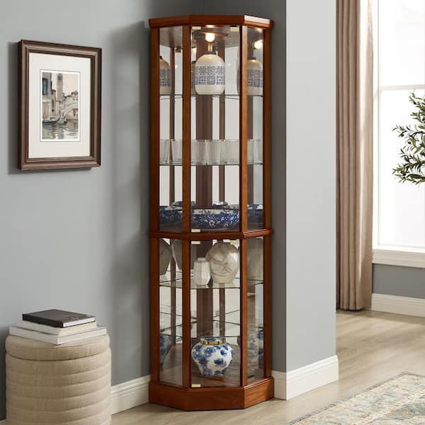 Corner Curio Cabinet Walnut 70 in. H Lighted Glass Display Cabinet with 6-Shelves Floor Standing Corner Storage Rack