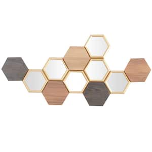 40 in. x  19 in. Wood Brown Honeycomb Geometric Wall Decor with Mirrors