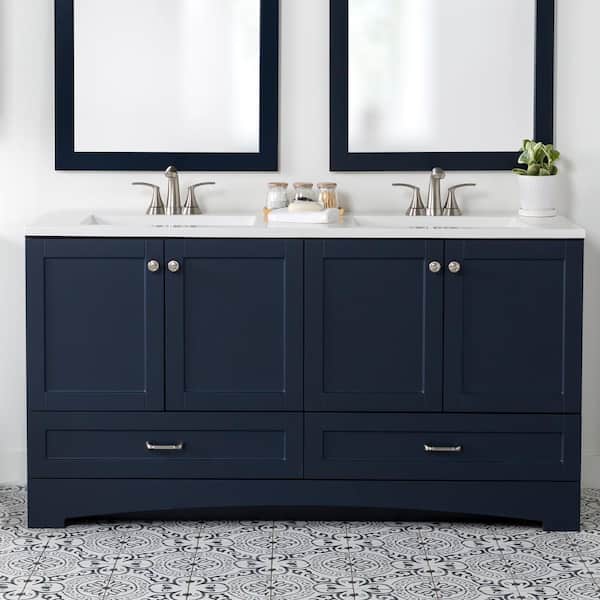 Glacier Bay Lancaster 60 in. W x 19 in. D x 33 in. H Double Sink Bath Vanity in Deep Blue with White Cultured Marble Top