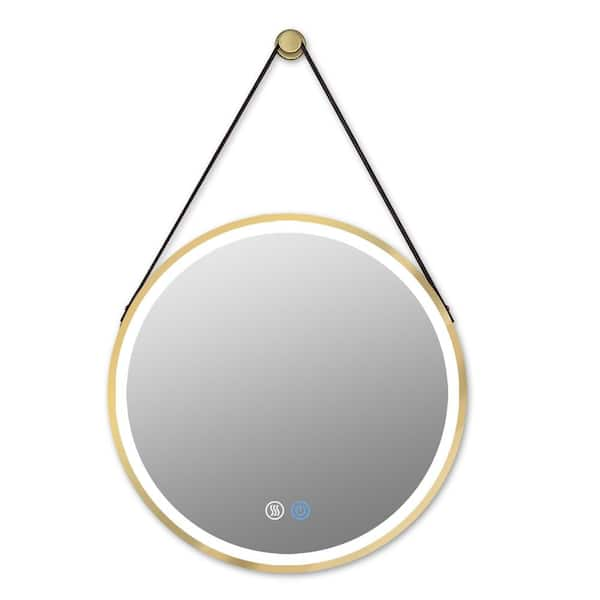 Dimakai 28 In W X 28 In H Framed Led Light Round Bathroom Vanity Mirror With Hanging Belt In Brushed Gold Lc G F28g R The Home Depot