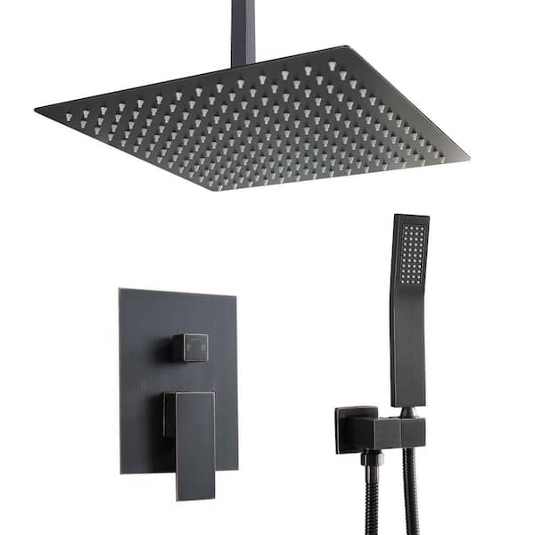Logmey 2-Spray Patterns with 1.8 GPM 10 in. Ceiling Mount Dual Shower Heads with Pressure Balance Valve in Oil Rubbed Bronze