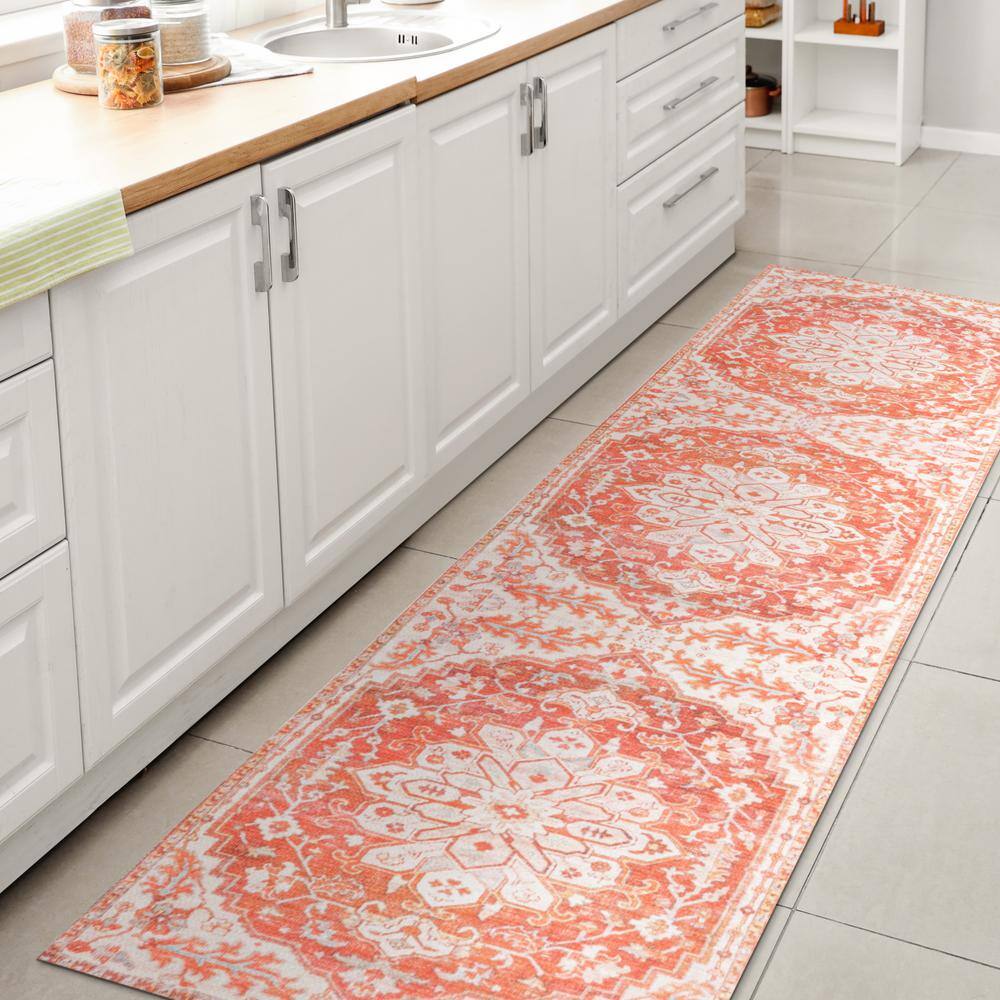 Ornate Medallion Washable Orange and Cream Synthetic Runner Rug