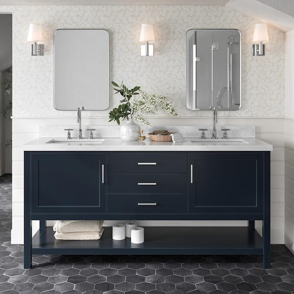 ARIEL Bayhill 73 in. W x 22 in. D x 36 in. H Bath Vanity in Midnight Blue with Carrara White Marble Top
