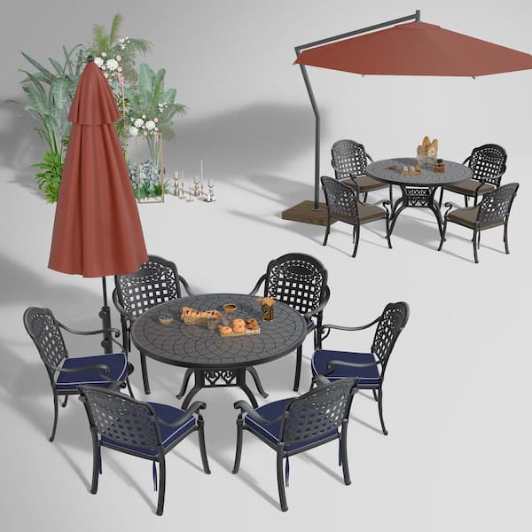 Willit Isabella Black 7-Piece Cast Aluminum Outdoor Dining Set with 47.24 in. Round Table and Random Color Cushions