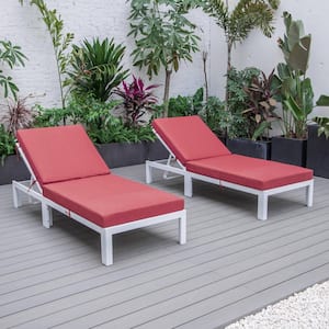 Chelsea Modern White Aluminum Outdoor Patio Chaise Lounge Chair with Red Cushions Set of 2