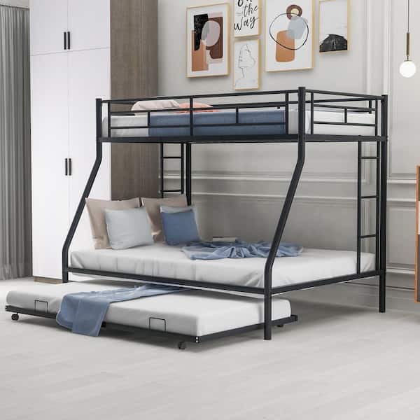 Black Twin over Full Bunk Bed with Trundle and Two-Side Ladders