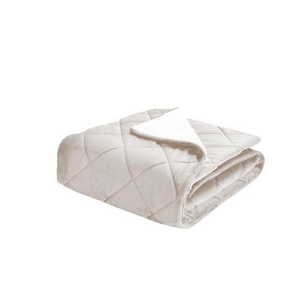 Quilted Velvet and Sherpa Cream Polyester Foot Pocket Throw Blanket