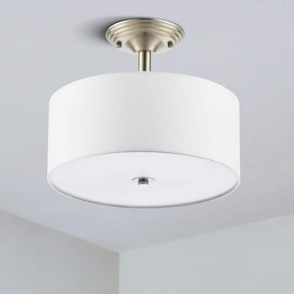 13 in. 2-Light Brushed Nickel Semi-Flush Mount Light with Fabric Drum Shade