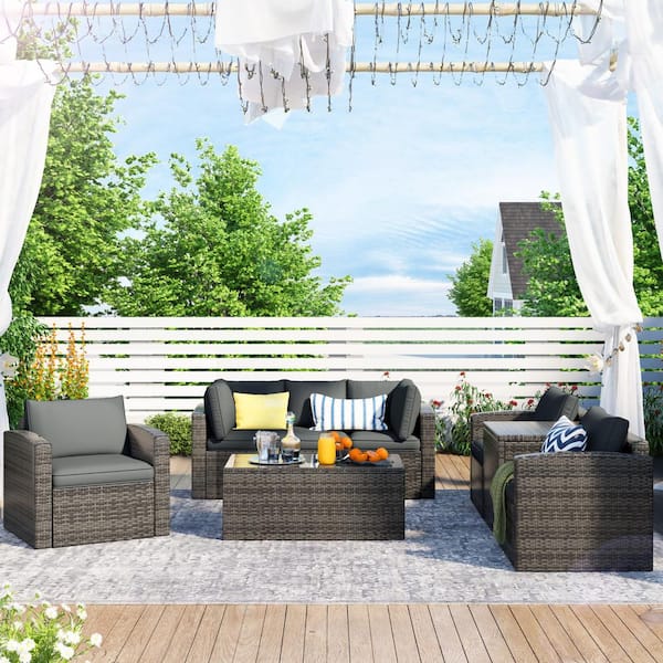 Brown 7 Piece Wicker Outdoor Patio Sectional Set With Gray Cushions Chairs A Loveseat Table And Storage Box Gz Wy000216eaa - Storage Box For Patio Chair Cushions