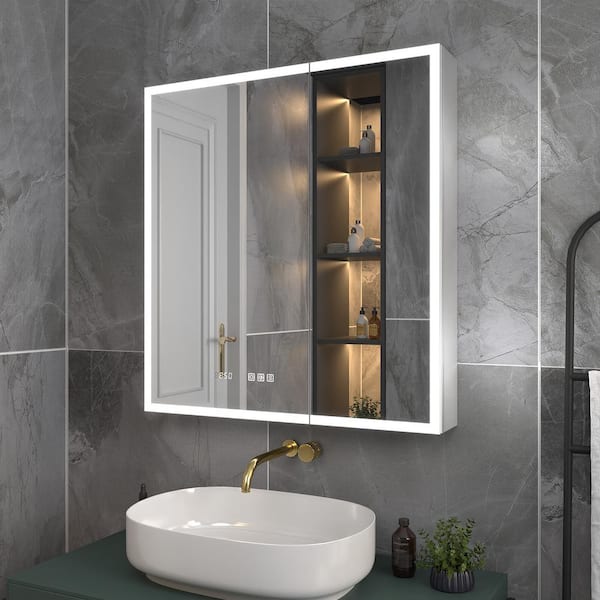 30 in. W x 32 in. H Silver Aluminum Recessed or Surface Mount Medicine Cabinet with Mirror LED and Clock